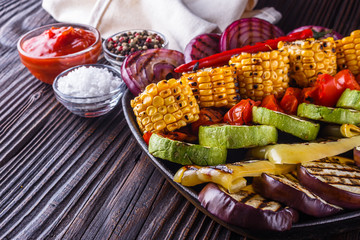 appetizing fresh grilled vegetables in a cast iron skillet