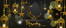 Ramadan Kareem With Crescent Moon Gold Luxurious Crescent,template Islamic Ornate  Element For Greeting Card,Vector 3D Style