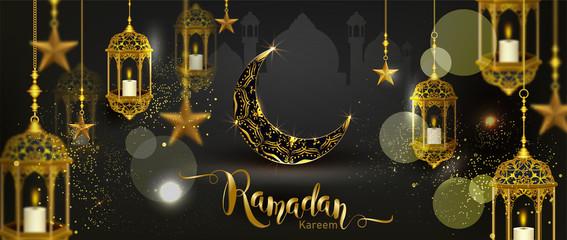 Ramadan Kareem with crescent moon gold luxurious crescent,template islamic ornate  element for greeting card,Vector 3D style