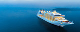 Aerial view of beautiful white cruise ship above luxury cruise in the ocean sea at early in the morning time concept smart tourism travel on holiday vacation time on summer, webinar banner  forwarder