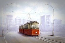 Digital Paintings Landscape, Old Tram In Old City. Fine Art