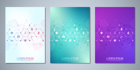 Poster - Template brochure or cover book, page layout, flyer design. Concept and idea for health care business, innovation medicine, pharmacy, technology. Medical background with flat icons and symbols.