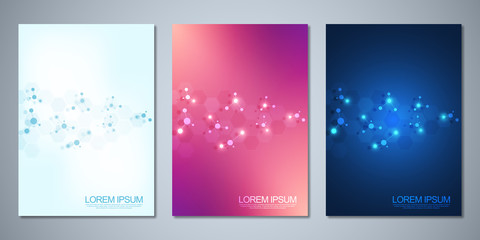 Wall Mural - Templates brochure or cover book, page layout, flyer design with abstract background of molecular structures and DNA strand. Concept and idea for innovation technology, medical research, science.