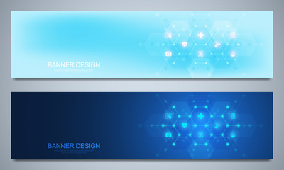 Wall Mural - Banners design template for healthcare and medical decoration with flat icons and symbols. Science, medicine and innovation technology concept.