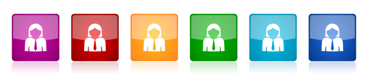 Poster - Woman icon set, businesswoman, female colorful square glossy vector illustrations in 6 options for web design and mobile applications