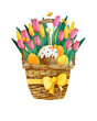 Watercolor easter eggs with Easter cake with a candle. Which are in a wicker basket with tulips. On the basket is a large yellow bow. Hand drawn illustration for a good spring mood.