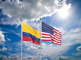 Wall Mural - United States of America vs Colombia. Thick colored silky flags of America and Colombia. 3D illustration on sky background. - Illustration