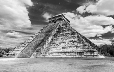 Black and White photography of the Mayan site Chichen Itza with the temple pyramid of Kukulkan, also known as El Castillo, near Merida, Yucatan Peninsula, Mexico.