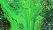 Acrylic Painting Art. Toxic Waste. Glitter Neon Green Blue Brown Fluid Flow Effect Overlay.