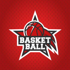 Basketball logo vector design. All star emblem template with flying basketball ball and star shape. Trendy modern design. Perfect use for posters, banners, signs, covers design. Vector sport emblem te