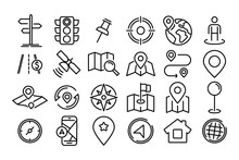 Navigation And Map Icon Set. Map Pin And Location, Route Map, Navigation, Direction And More. Simple Set Of World Map, Office Location, Traffic Light, Compass Line Icons