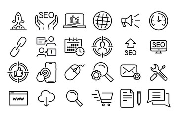 Poster - SEO Search Engine Optimisation and Marketing. Collection modern lines web icons. Editable Stroke. Search Engine Optimization, Target, Watch List, Website Stats and more