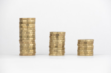 Descending stacks of new £1 pound coins graph on a white background. 