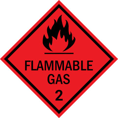 flammable gas caution sign. dangerous goods placards class 2. black on red background.