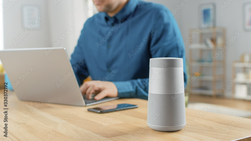 Close Up Shot of a Modern Silver Bluetooth Speaker Standing on a Table at Home. Man in the Background Sits at the Table and Works on His Laptop. Smartphone Lies on a Table Next to Him. - obrazy, fototapety, plakaty 