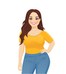 Young happy beautiful plus size woman wearing jeans isolated vector illustration