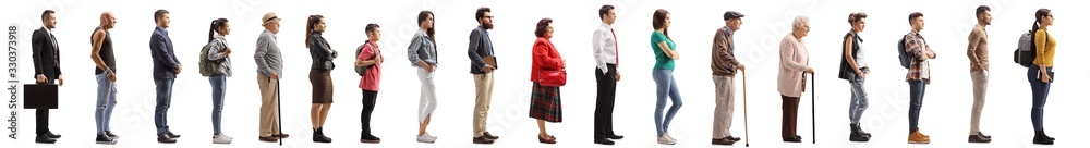 Many young and older people waiting in line - obrazy, fototapety, plakaty 