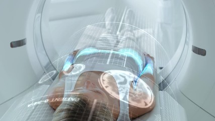 Aufkleber - Female Patient Lying on CT or PET or MRI Scan Bed, Moving Inside the Machine While it Scans Her Brain and Vital Parameters. Augmented Reality Concept with VFX In Medical Lab with High-Tech Equipment.