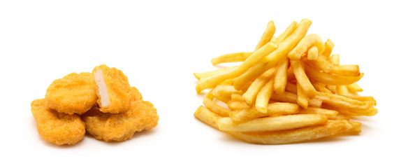 chicken nuggets and french fries on white background