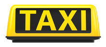 3d Rendering Illustration Of New York City Style Taxi Sign For Cab Isolated On White Background. Front View Of Yellow Taxi Sign On Automobile Roof.