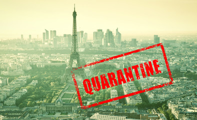 COVID-19 coronavirus in France, stamp Quarantine in photo of Eiffel Tower in Paris. French tourist attractions closed due to novel corona virus outbreak.