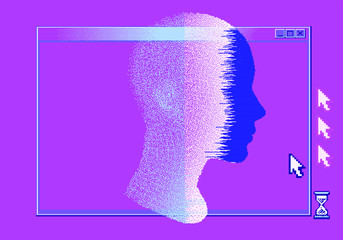 Aufkleber - Human head made of particles with glitch art effect. Futuristic cyberpunk style vector illustration, concept of malware and computer viruses.