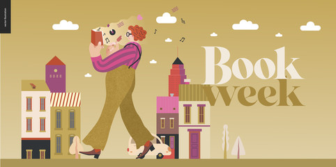 World Book Day graphics -book week events. Modern flat vector concept illustrations of reading people -a red-haired man wearing vinatge outlook walking in town, eating ice cream, reading a music book