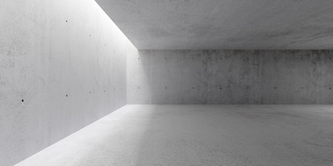 Abstract empty, modern concrete walls hallway room with indirekt ceiling light on the left and rough floor - industrial interior background template