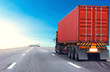 © BigBlues - Truck on highway road with red container, transportation concept.,import,export logistic industrial Transporting Land transport on the asphalt expressway with blue sky