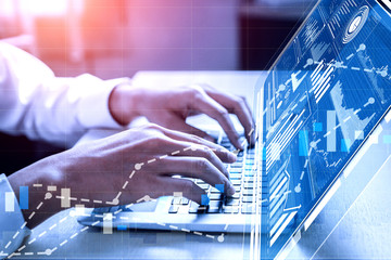 Fototapete - Data Analysis for Business and Finance Concept. Graphic interface showing future computer technology of profit analytic, online marketing research and information report for digital business strategy.