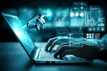 Poster - 3d rendering artificial intelligence ai research of robot and cyborg development for future of peopl