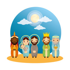 cute holy family and wize men manger characters