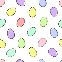 Happy Easter Seamless Pattern With Painted Eggs. Fun Holiday Elements In Delicate Colors - Pink, Blue, Yellow, Purple, Green, Lilac,mint And Coral. Square Format, Vector Flat Illustration Isolated On