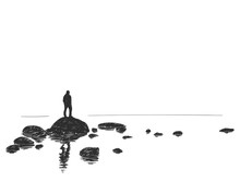 Hand Drawn Silhouette Of Man Standing On Big Boulder With Reflection In Calm Water. Vector Sketch