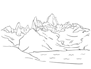 Wall Mural - Linear sketch of Fitz Roy mountain massif in Patagonia, Hand drawn vector illustration