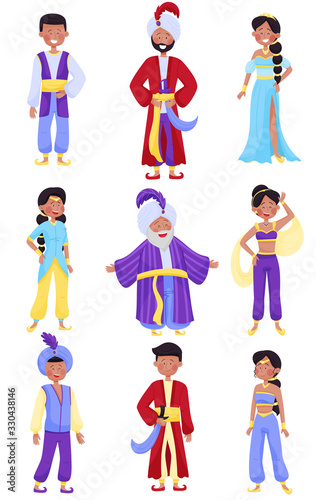 Cuadros en Lienzo People Characters Wearing East Clothing Vector Illustrations Set