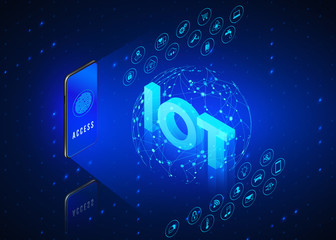 Poster - iot concept. internet of things. mobile phone monitoring and controls all smart system in house. glo
