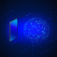 Aufkleber - Hologram Global Networking by Mobile screen. Future technology 5g and 6g mobile internet. IOT or AI abstract concept. Vector