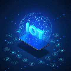 Poster - iot concept. internet of things. mobile phone monitoring and controls all smart system in house in b