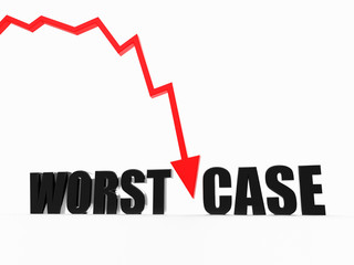 Poster - Worst Case text word and red crashing arrow, conceptual background 3D render
