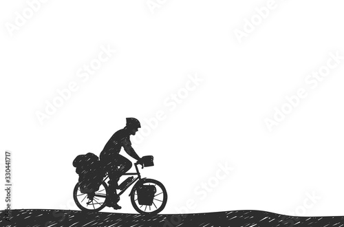 Fotomural Man riding touring bicycle with bags silhouette hand drawn vector, Bikepacking