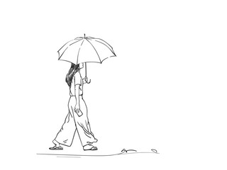 Wall Mural - Sketch of walking girl with umbrella, back view, Hand drawn vector illustration