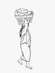 Wall Mural - Burmese woman in longyi is carrying big basket on her head, Vector sketch, Hand drawn linear illustration