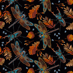  Embroidery. Dragonflies, autumn leaves and beetle deer, seamless pattern. Template for clothes. Fashion design. Insects art