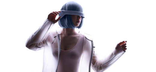 Wall Mural - beautiful woman with blue hair in futuristic costume over white background. girl in glasses of virtu
