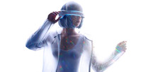 Beautiful Woman With Purple Hair In Futuristic Costume Over White Background. Girl In Glasses Of Virtual Reality. Augmented Reality, Game, Future Technology, AI Concept. VR. Blue Neon Light.