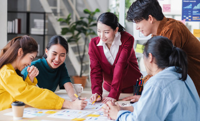 Poster - ux developer and ui designer relax brainstorming about mobile app interface wireframe design on meeting table with customer brief and color code at modern office.Creative digital development agency
