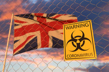 Coronavirus Biohazard Sign With Flag Of The UK As A Background. British Restricted Entry Or Quarantine. Conceptual 3D Rendering