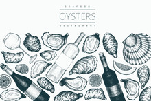 Oysters And Wine Design Template. Hand Drawn Vector Illustration. Seafood Banner. Can Be Used For Design Menu, Packaging, Recipes, Label, Fish Market, Seafood Products.