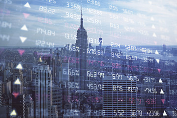 Fototapete - Forex graph on city view with skyscrapers background double exposure. Financial analysis concept.